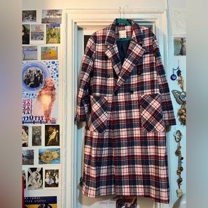 Avec les Filles Double Breasted Coat Plaid Navy Pink Burgundy with Pockets
